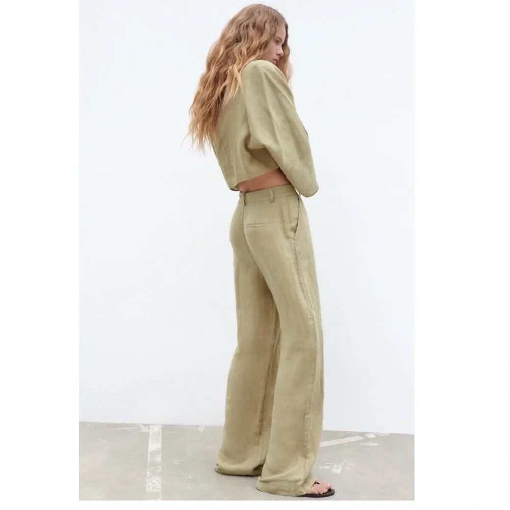 ZARA 100% Linen High Rise Wide Leg Pants in Khaki Size L New with Tags